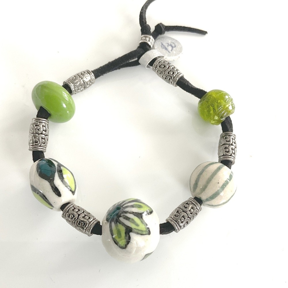 Bracelet Ceramic Glass Suede Green White Silver Adjustable Boho New 130 New 130